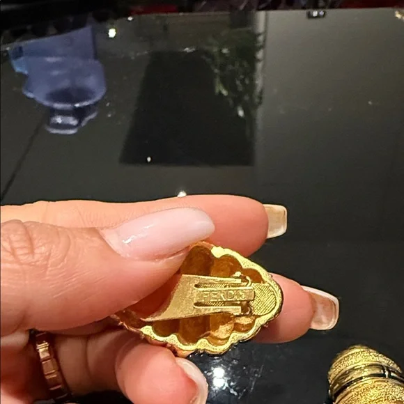 Authentic Vintage Fendi Gold-Tone Clip‑On Oval Earrings with Greek Key Detail - Picture 5 of 7